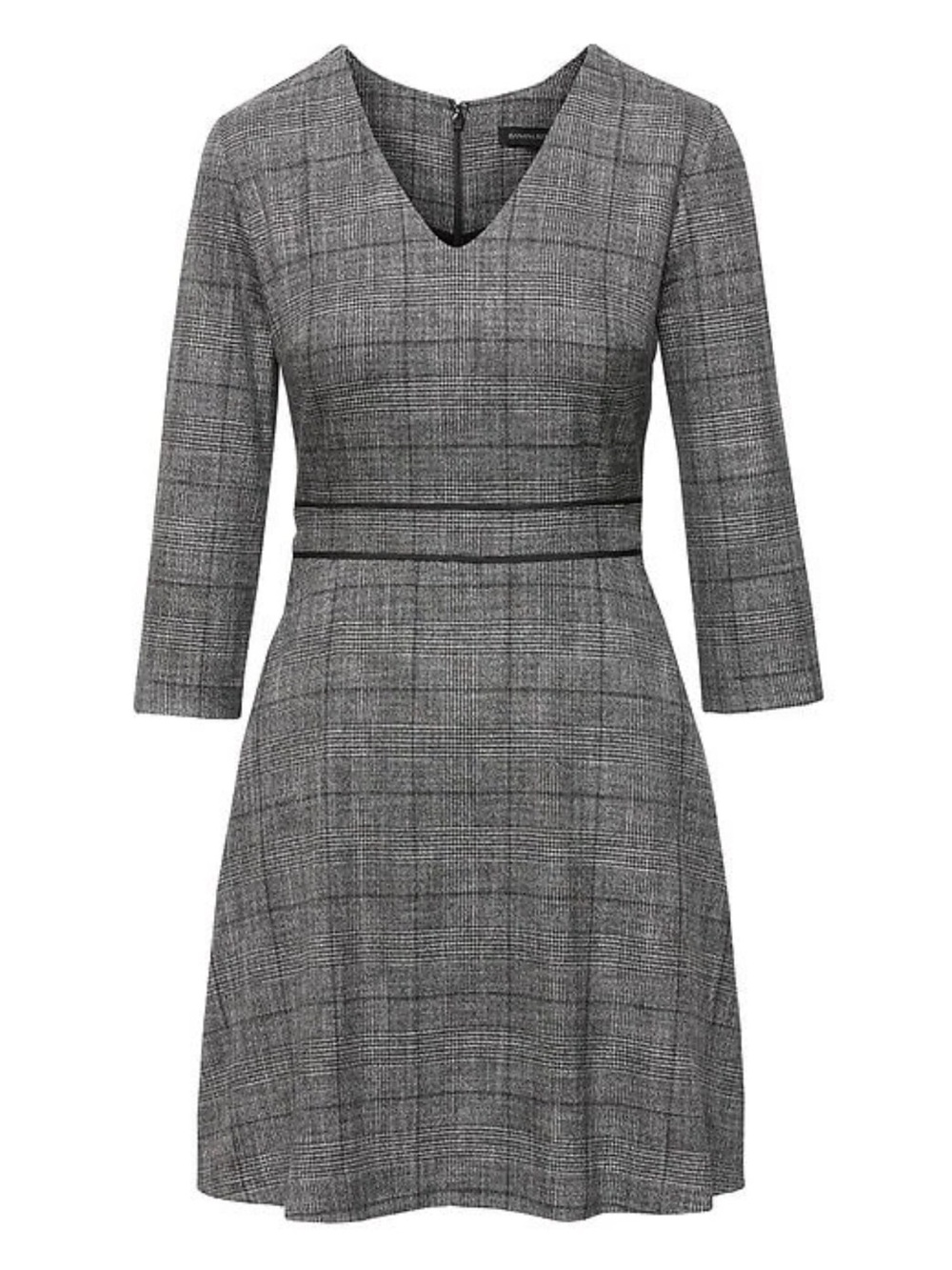 Banana Republic Gray Plaid Long-Sleeve Fit & Flare Dress
